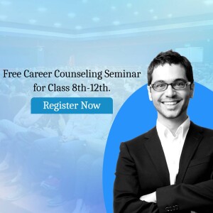 Image promoting a free career counseling seminar for students in classes 8th-12th, featuring a young man in a suit.