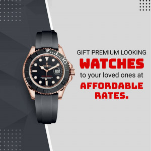 Close-up of a Rolex watch with text promoting affordable luxury watches.