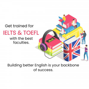 Illustration of books stacked with students studying and headphones, promoting IELTS and TOEFL training.
