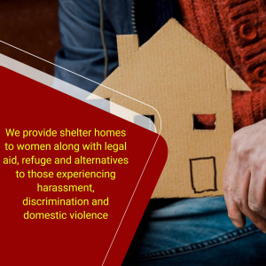 Cardboard house held in hands with text about women's shelter and legal aid.