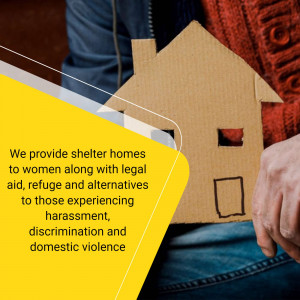 Hands holding a cardboard house with text about providing shelter and legal aid to women.