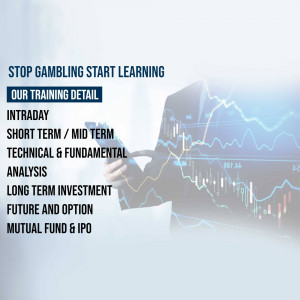 Image promoting investment training with a blurred background of stock charts and a person using a tablet.
