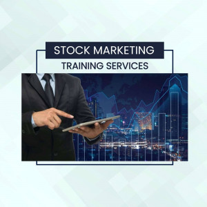 Man holding a tablet with stock market graph and city skyline in the background