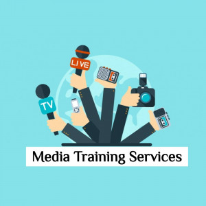 Illustration of hands holding various media equipment like microphones, cameras, and recorders with the text 'Media Training Services'
