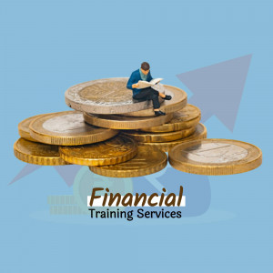 Miniature figure reading on a stack of coins with 'Financial Training Services' text
