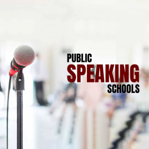 Microphone with the text 'Public Speaking Schools' in the background