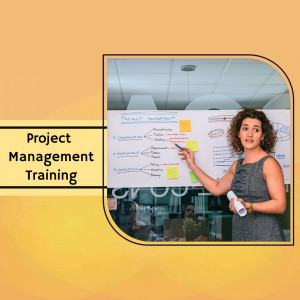 Woman presenting project management concepts on a whiteboard