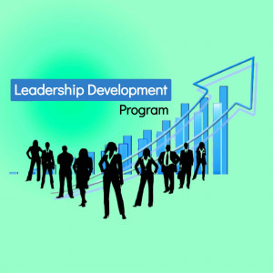 Illustration depicting people walking towards a growth chart with the text 'Leadership Development Program'