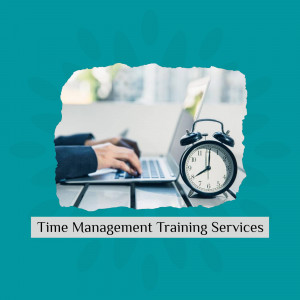 Laptop with alarm clock and torn paper background promoting time management training