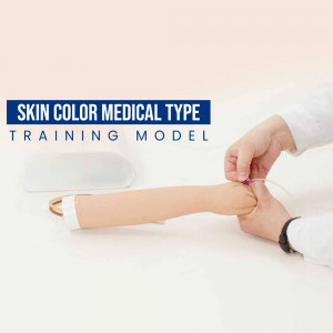 Medical training model demonstrating venipuncture on a realistic skin tone arm.