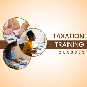 Image promoting taxation training classes with people working on finances.