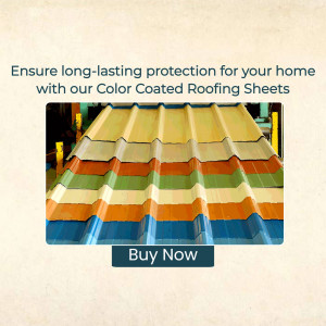 Image of color coated roofing sheets with a 'Buy Now' button.