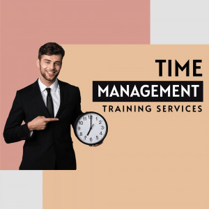 Man pointing to a clock with text 'Time Management Training Services'