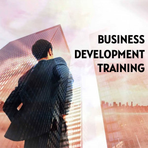 Man looking up at skyscrapers with text 'Business Development Training'