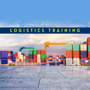 Image depicting a logistics and shipping yard with containers and a crane, promoting logistics training.