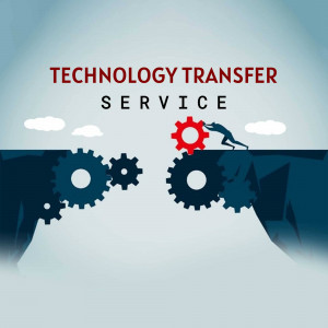 Illustration depicting technology transfer with a person connecting gears over a gap.