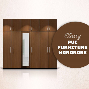 Modern brown PVC wardrobe with mirrored doors