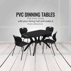 Black PVC dining table set with four chairs on a wooden floor