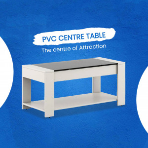White PVC centre table with glass top on a blue background
