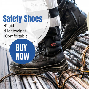 Close-up of black safety shoes on a construction site