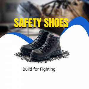 Close-up of black safety shoes on a bed of nails with the text 'SAFETY SHOES'