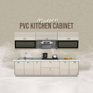 A modern kitchen with beige PVC cabinets and a white countertop.