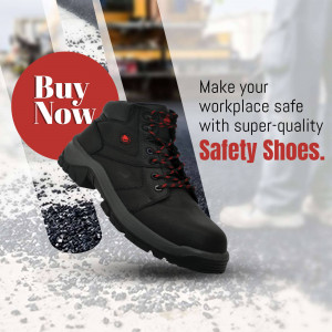 Black safety work boots with red accents, promoting workplace safety.