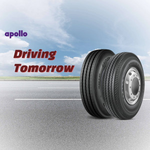 Apollo tyre with the slogan 'Driving Tomorrow' against a road background.