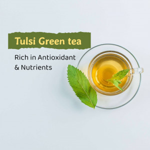 A cup of Tulsi Green Tea with fresh Tulsi leaves on a white background.