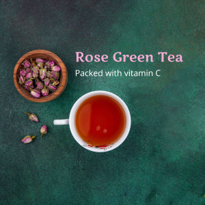 A cup of rose green tea with dried rose buds