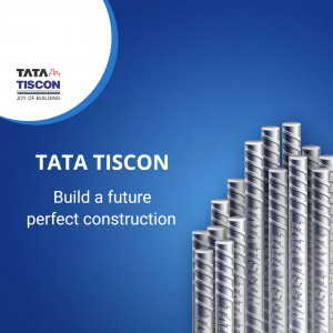 Image of Tata Tiscon steel bars with the tagline 'Build a future perfect construction'
