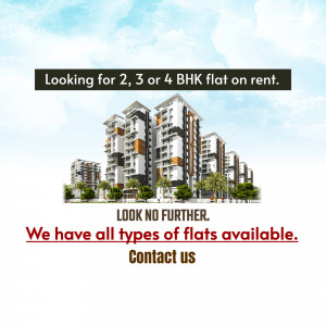 Image of a modern apartment building with text advertising rental availability.