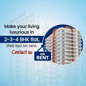Image of a modern apartment building with text promoting rental options.