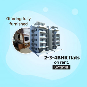 Modern building with furnished apartment interiors, advertising 2-3-4 BHK flats for rent.