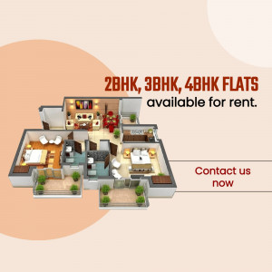 Floor plan of a 2BHK, 3BHK, and 4BHK flat available for rent.