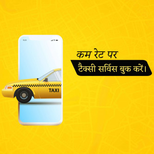 Smartphone displaying a taxi with text promoting low-rate taxi booking.