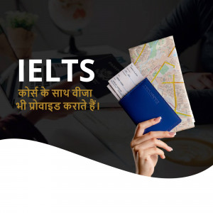 Hand holding passport, IELTS exam materials, and a map, promoting IELTS courses with visa support.