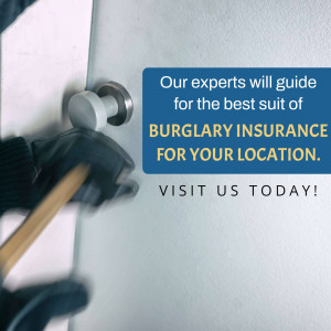 Image depicting a hand attempting to open a door with text promoting burglary insurance.