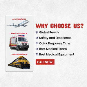 Image showcasing air, road, and train ambulance services with reasons to choose the company.