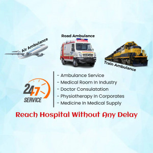 Illustration of various emergency medical transportation options including air ambulance, road ambulance, and train ambulance.
