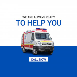 An ambulance is pictured with the text 'We are always ready to help you' and a call to action button.