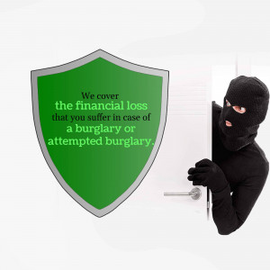 Image depicting a burglar attempting to break in with a shield offering financial loss coverage.