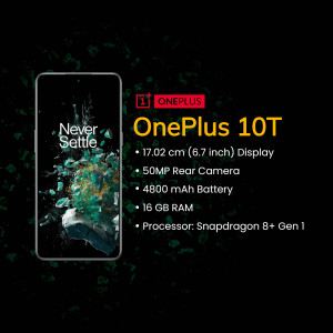 OnePlus 10T smartphone with key specifications highlighted
