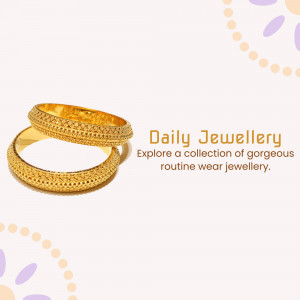 Close-up of two gold bangles with textured designs on a pastel background.