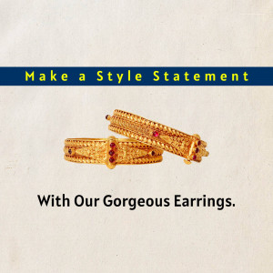 Close-up of two golden bangles with red stone accents, advertising jewelry.