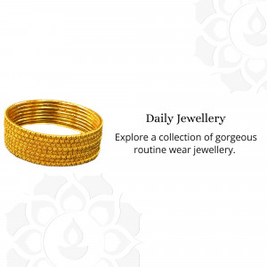 Stack of golden bangles on a light background with text 'Daily Jewellery'
