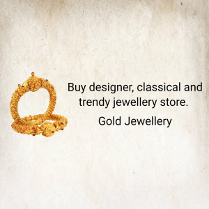 Close-up of a gold bracelet with text promoting a jewellery store