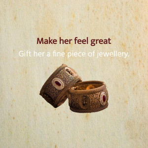 Two gold bracelets with red gemstones on a textured background with text promoting gifting jewellery.