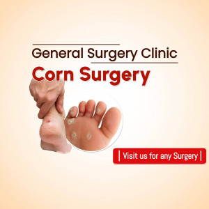 Image depicting a foot with corns, advertising corn surgery services at a general surgery clinic.