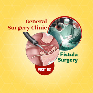 Image depicting general surgery and fistula surgery with medical instruments and surgeons.